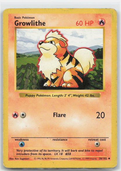 Growlithe Unlimited Uncommon 028/102 Base Set (Shadowless) LP