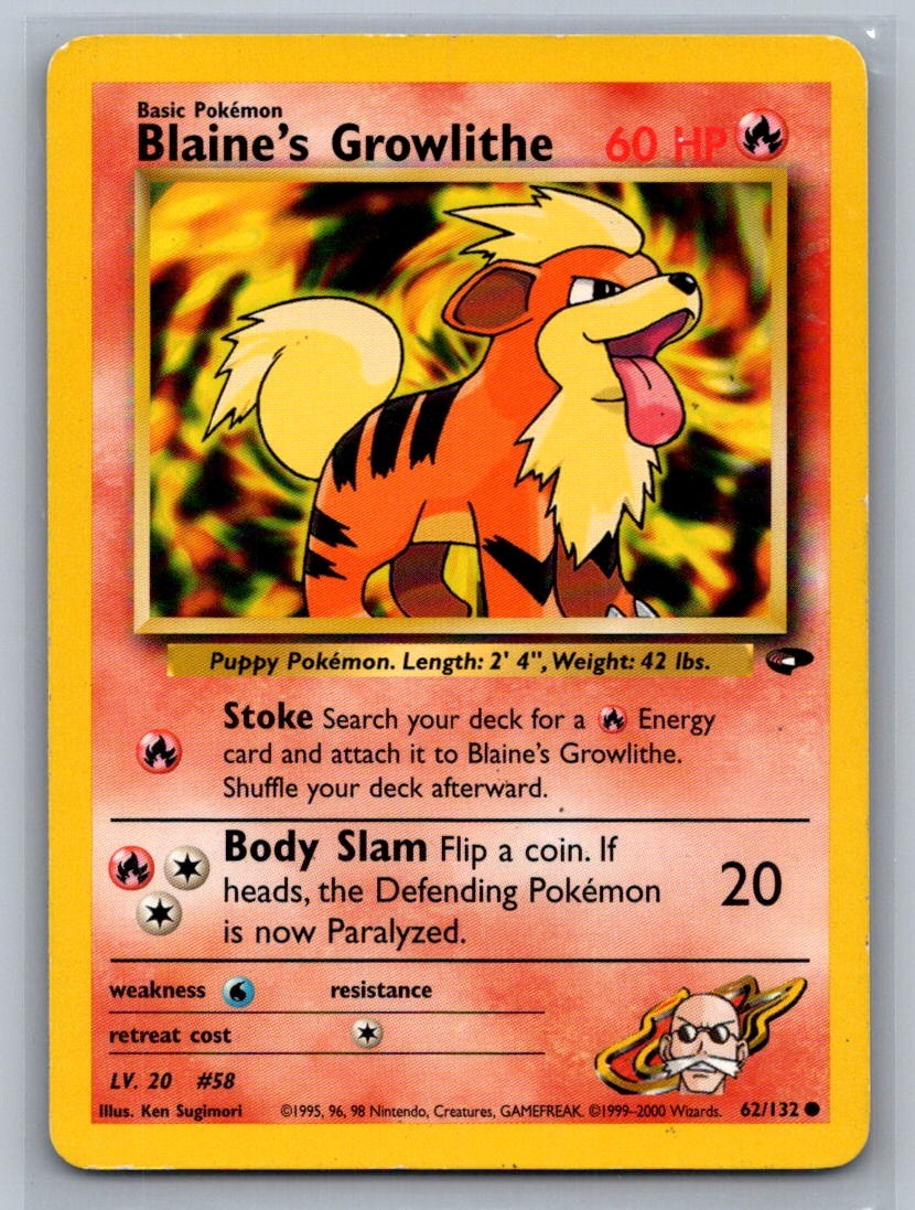 Blaine's Growlithe Unlimited Common 062/132 Gym Challenge LP
