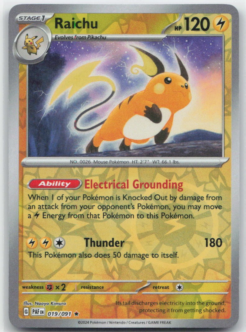 Raichu - Reverse Holo Rare 019/091 SV: Paldean Fates NM