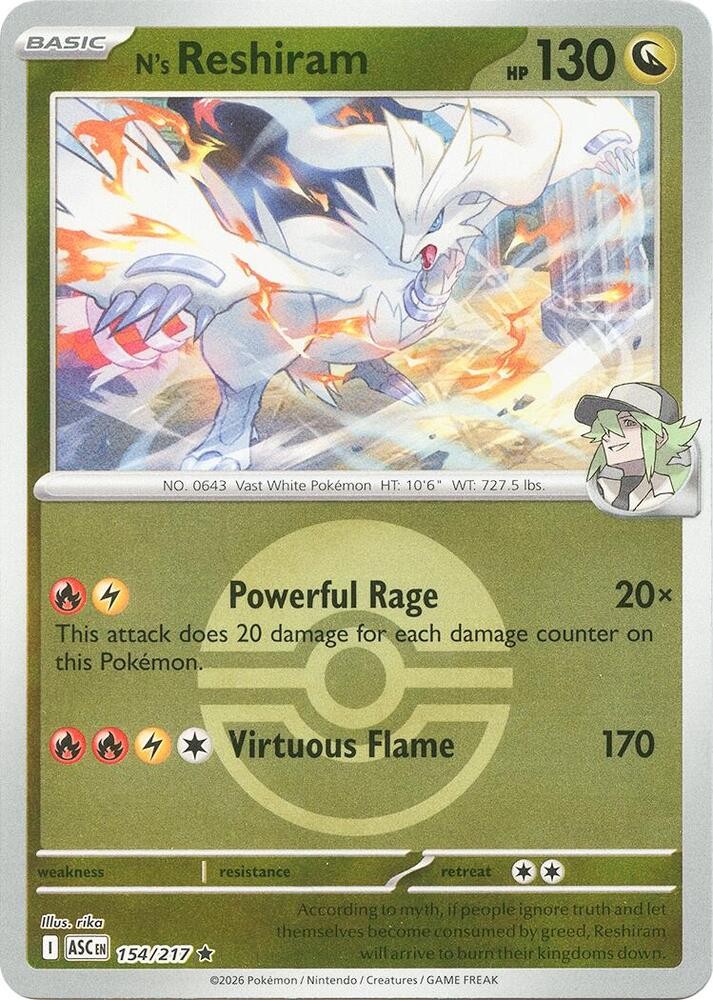 N's Reshiram (Poke Ball) Reverse Holo Rare 154/217 ME: Ascended Heroes NM