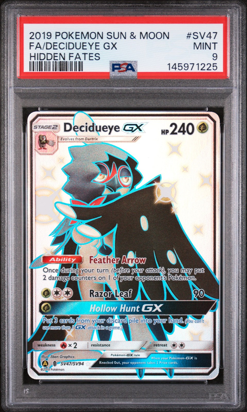 Fa/Decidueye Gx Hidden Fates SV47 Pokemon Sun & Moon Hidden Fates NM PSA 9