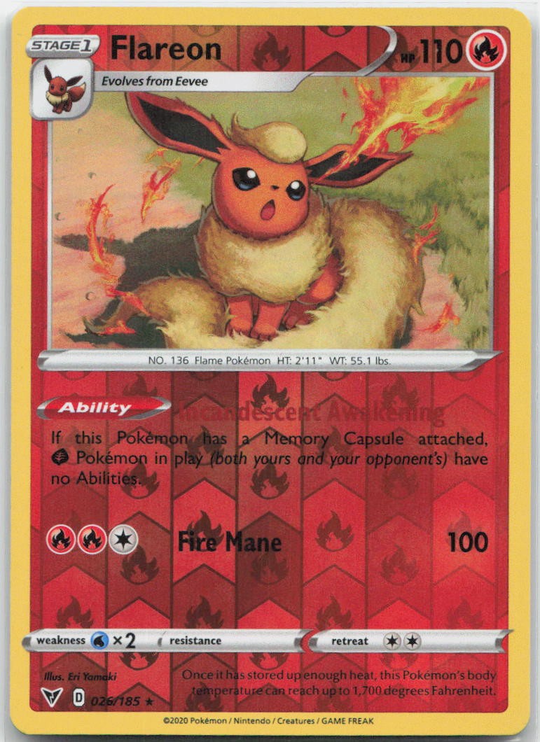 Flareon Reverse Holo Rare 026/185 SWSH04: Vivid Voltage NM