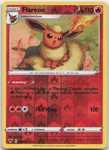 Flareon Reverse Holo Rare 026/185 SWSH04: Vivid Voltage NM