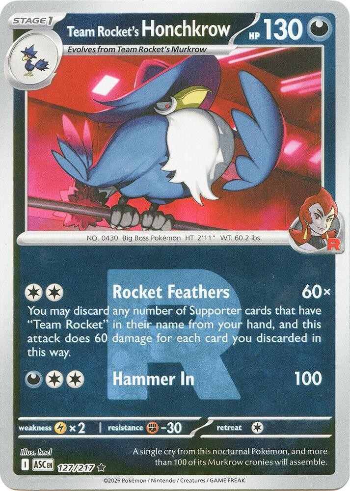 Team Rocket's Honchkrow Reverse Holo Rare 127/217 ME: Ascended Heroes NM