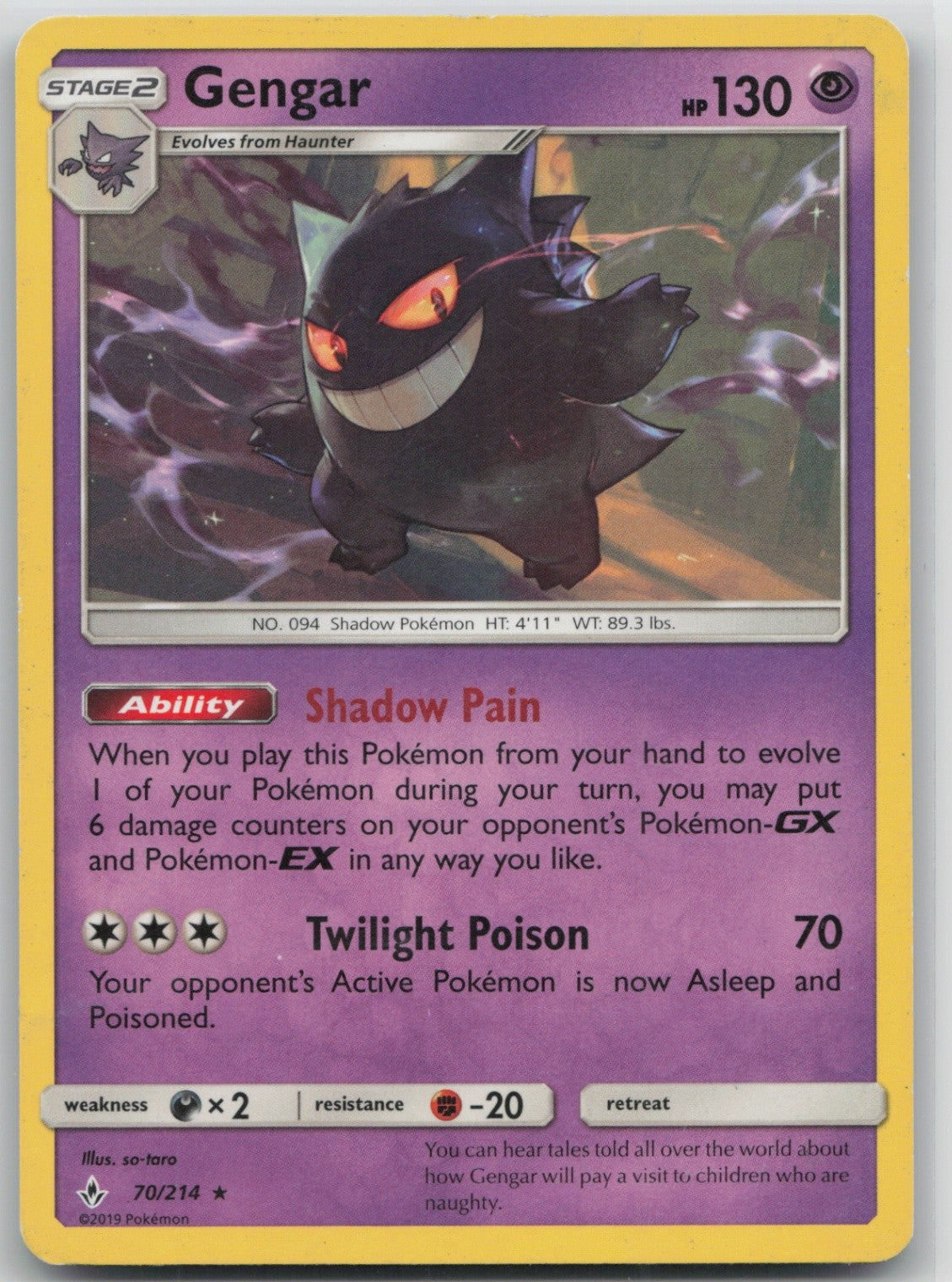 Gengar Regular Rare 70/214 SM - Unbroken Bonds LP