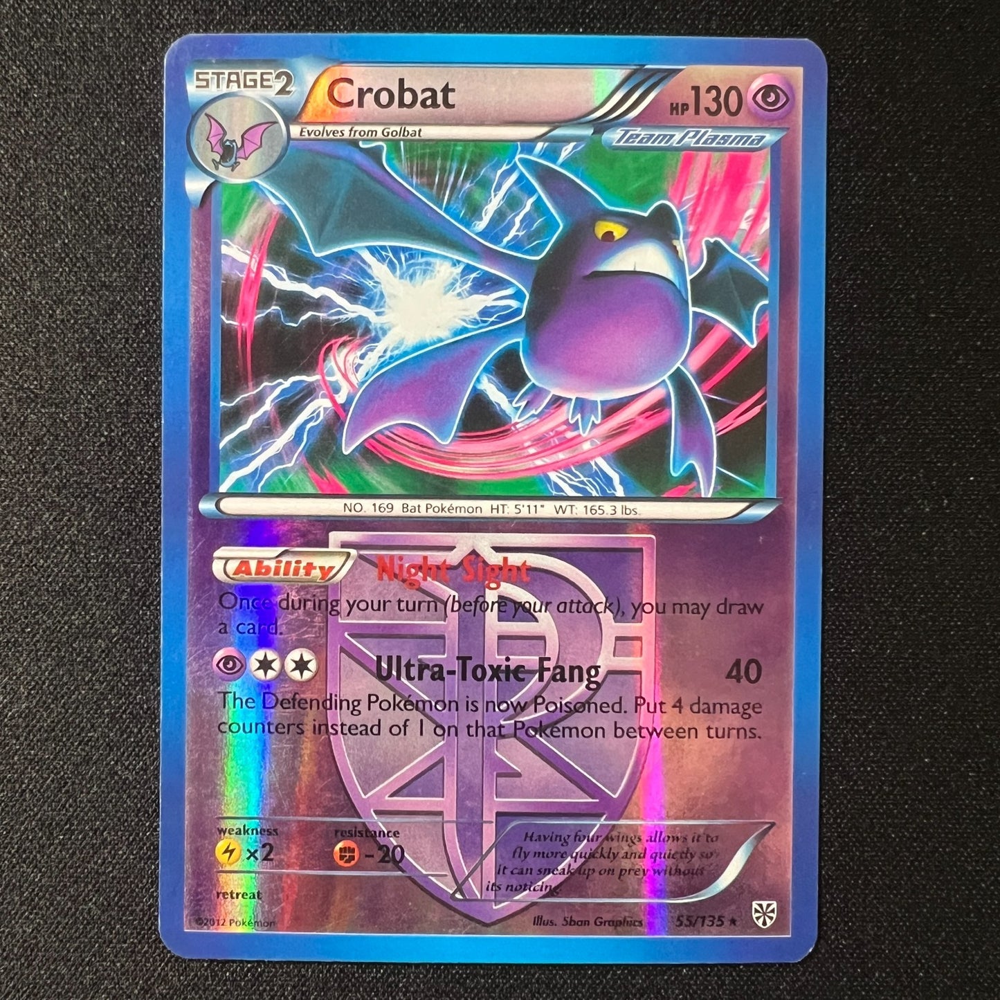 🦇 Crobat 55/135 – Plasma Storm Black & White Reverse Holo Rare Pokemon Cards LP