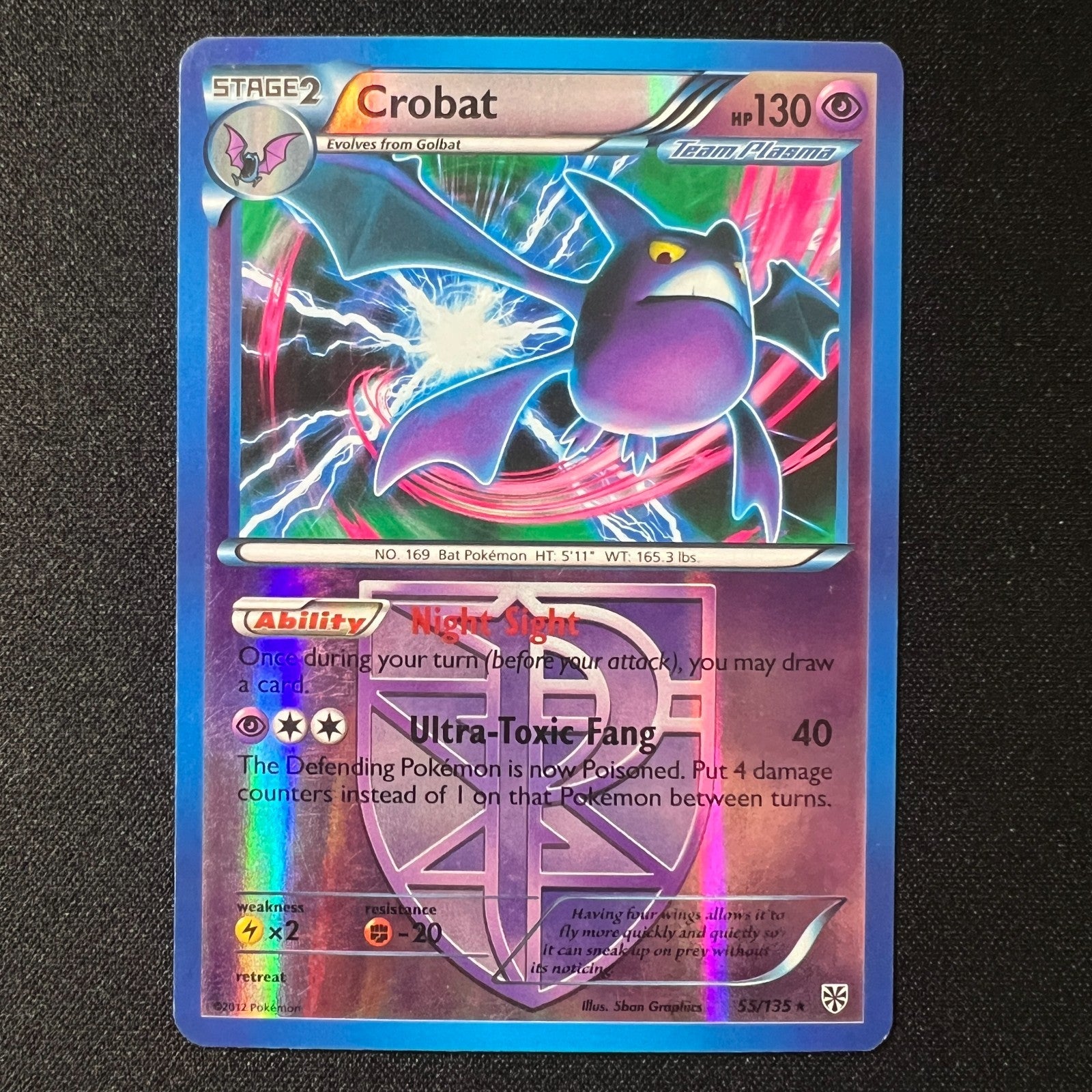 🦇 Crobat 55/135 – Plasma Storm Black & White Reverse Holo Rare Pokemon Cards LP