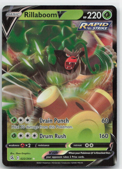 Rillaboom V Holo Ultra Rare 022/264 SWSH08: Fusion Strike NM